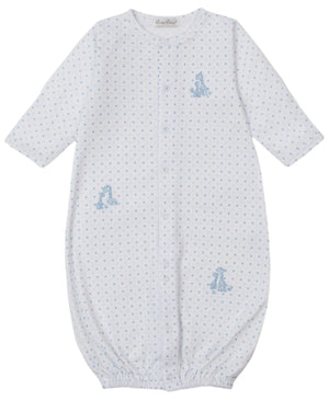 The Kissy Kissy Baby' Giraffe Grace Dotted Convertible Gown is a white Pima cotton gown with blue polka dots, giraffe prints, long sleeves, elastic hems, and front snaps for easy changes.