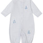 The Kissy Kissy Baby' Giraffe Grace Dotted Convertible Gown is a white, long-sleeve playsuit with blue polka dots and small blue giraffe illustrations on the chest, hip, and legs.