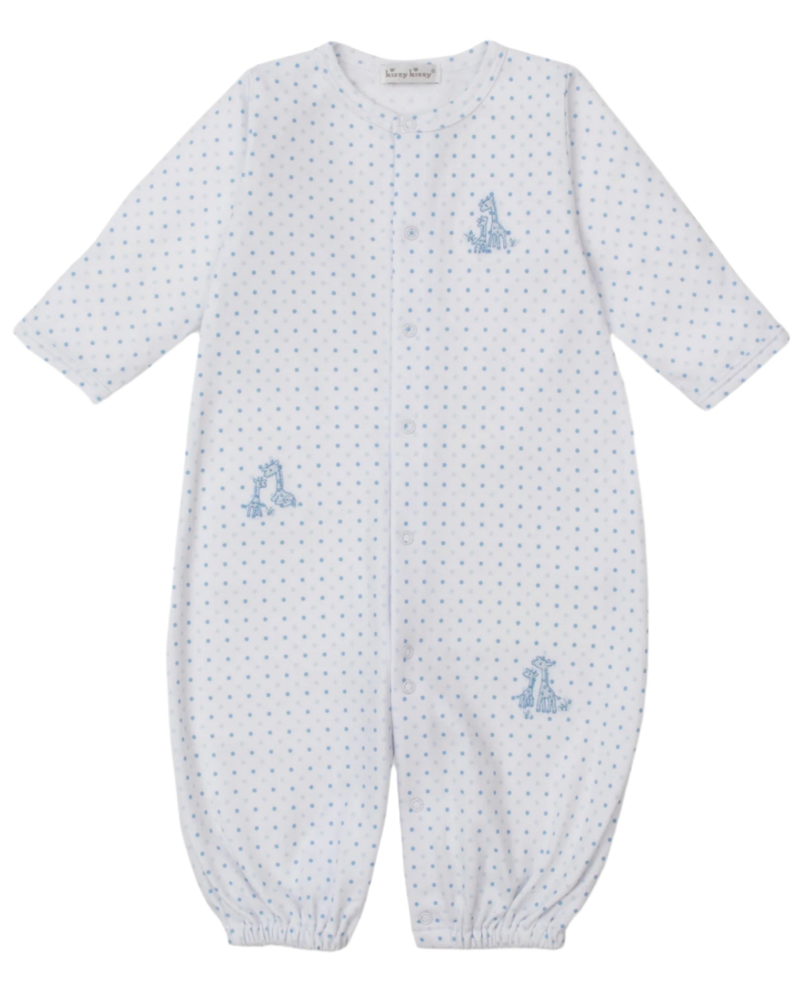 The Kissy Kissy Baby' Giraffe Grace Dotted Convertible Gown is a white, long-sleeve playsuit with blue polka dots and small blue giraffe illustrations on the chest, hip, and legs.