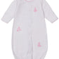 The Kissy Kissy Baby' Giraffe Grace Dotted Convertible Gown features soft white Pima cotton, pink polka dots, long sleeves, front snaps, and sweet pink giraffe accents for cozy comfort and adorable style.