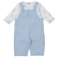 The Kissy Kissy Baby' Giraffe Grace Overall Set includes light blue overalls with snaps and a white long-sleeve pima cotton bodysuit adorned with cute light blue animal prints for a cozy, charming look.