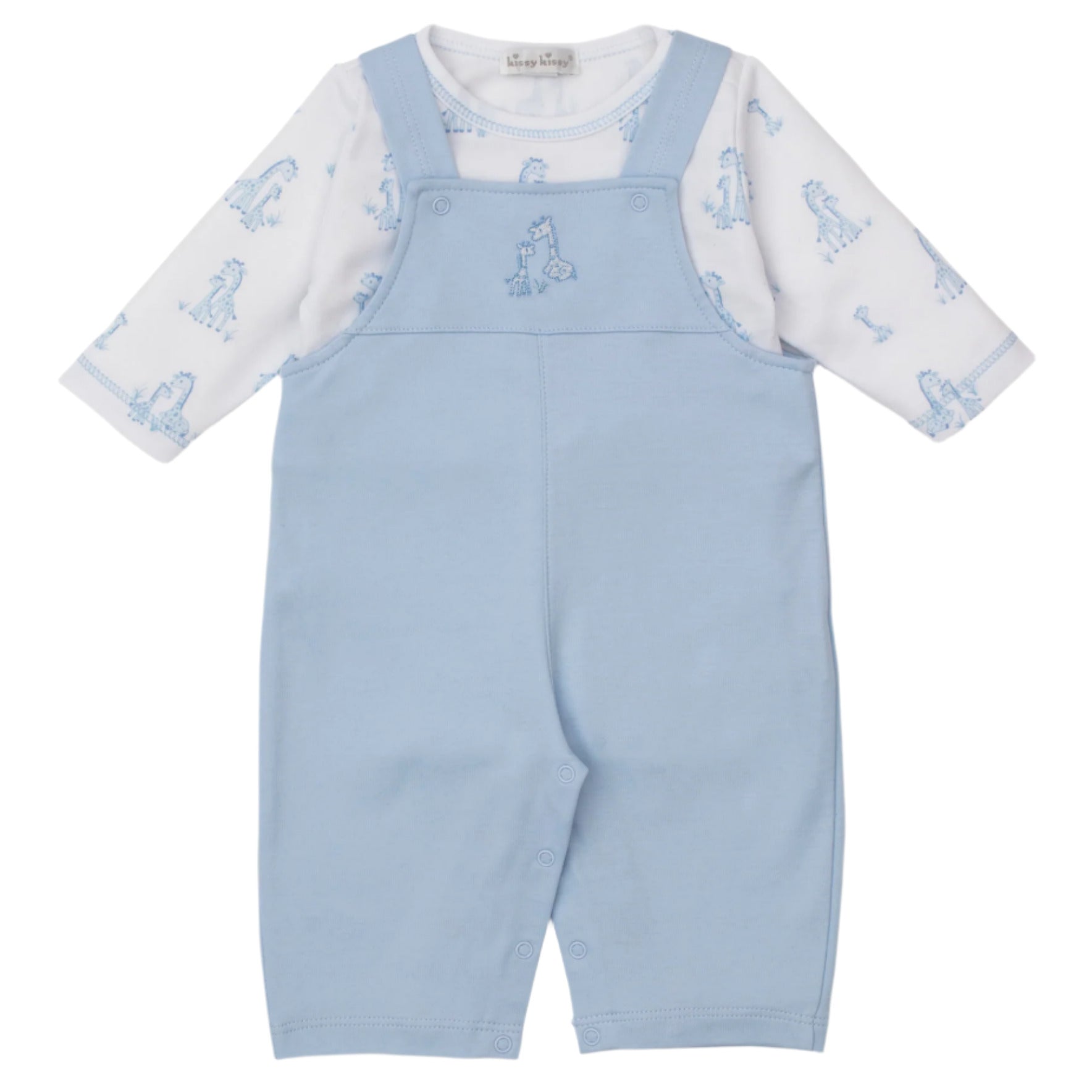 The Kissy Kissy Baby' Giraffe Grace Overall Set includes light blue overalls with snaps and a white long-sleeve pima cotton bodysuit adorned with cute light blue animal prints for a cozy, charming look.
