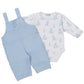 The Kissy Kissy Baby' Giraffe Grace Overall Set includes light blue overalls with shoulder straps and a soft white pima cotton bodysuit, both accented with a charming blue giraffe print.