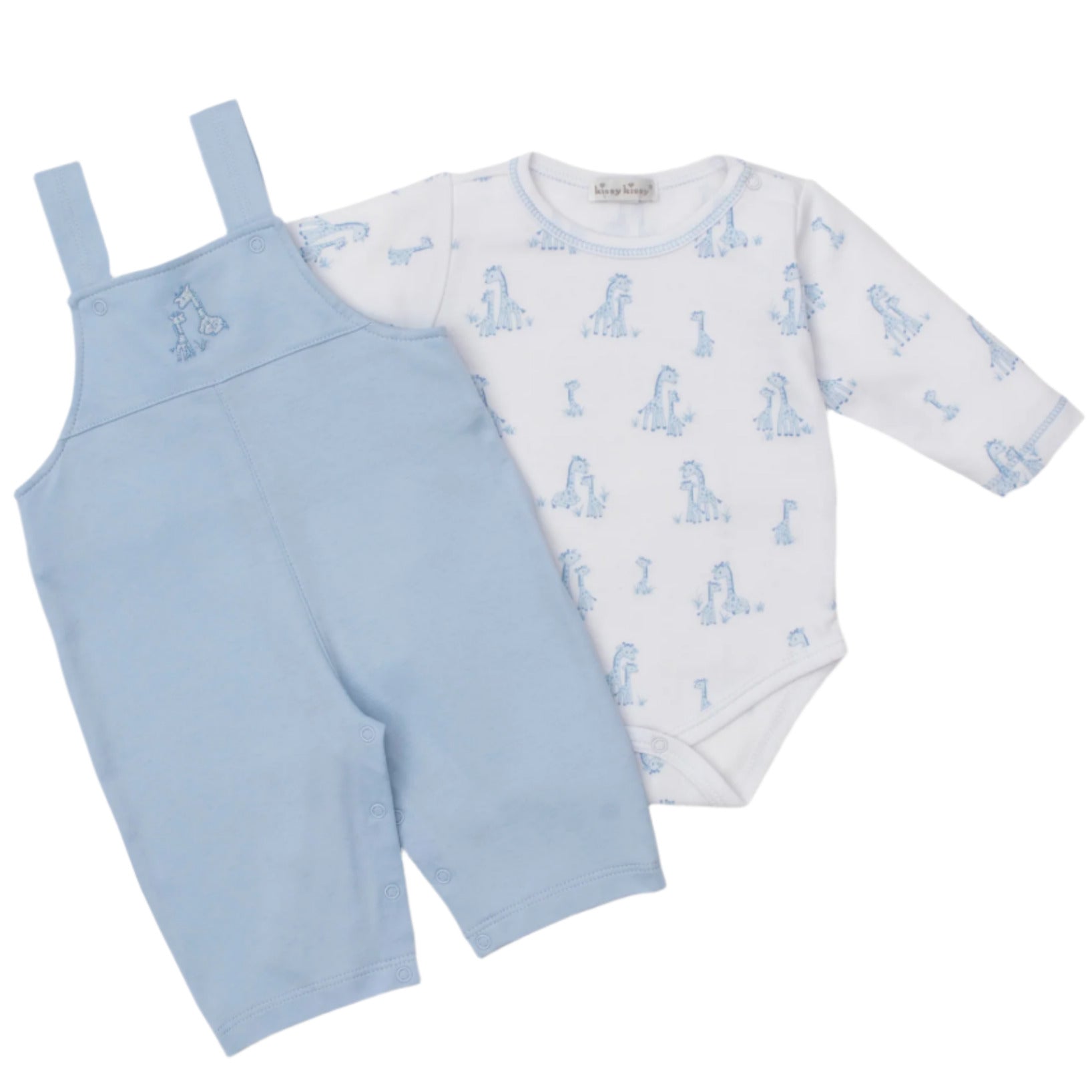 The Kissy Kissy Baby' Giraffe Grace Overall Set includes light blue overalls with shoulder straps and a soft white pima cotton bodysuit, both accented with a charming blue giraffe print.