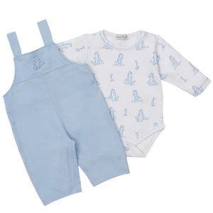 The Kissy Kissy Baby' Giraffe Grace Overall Set includes light blue overalls with shoulder straps and a soft white pima cotton bodysuit, both accented with a charming blue giraffe print.