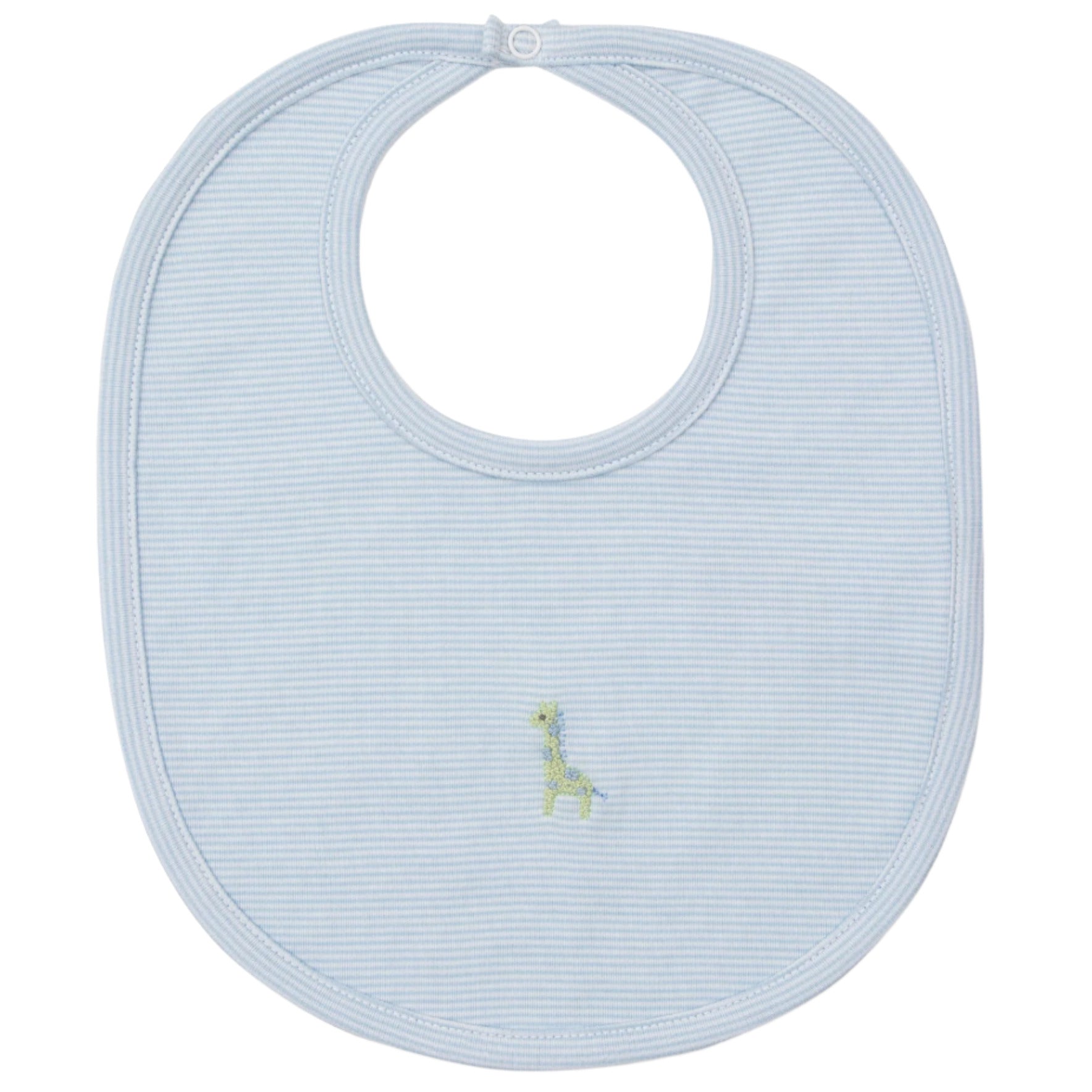 Kissy Kissy Safari Wild Hand Emb. Bib in light blue and white stripes, crafted from soft Pima cotton, features a small embroidered giraffe at the bottom center and a snap closure at the neck.