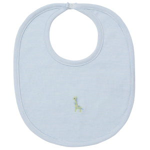 Kissy Kissy Safari Wild Hand Emb. Bib in light blue and white stripes, crafted from soft Pima cotton, features a small embroidered giraffe at the bottom center and a snap closure at the neck.
