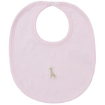 The Kissy Kissy Safari Wild Hand Emb. Bib is a light pink Pima cotton bib with a hand-embroidered green and pink giraffe design at the center.