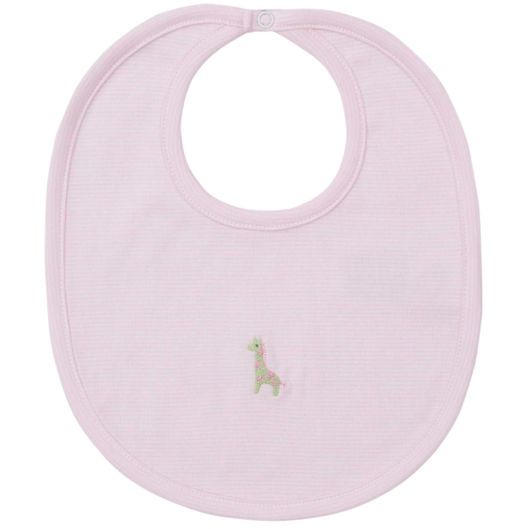 The Kissy Kissy Safari Wild Hand Emb. Bib is a light pink Pima cotton bib with a hand-embroidered green and pink giraffe design at the center.