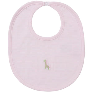 The Kissy Kissy Safari Wild Hand Emb. Bib is a light pink Pima cotton bib with a hand-embroidered green and pink giraffe design at the center.