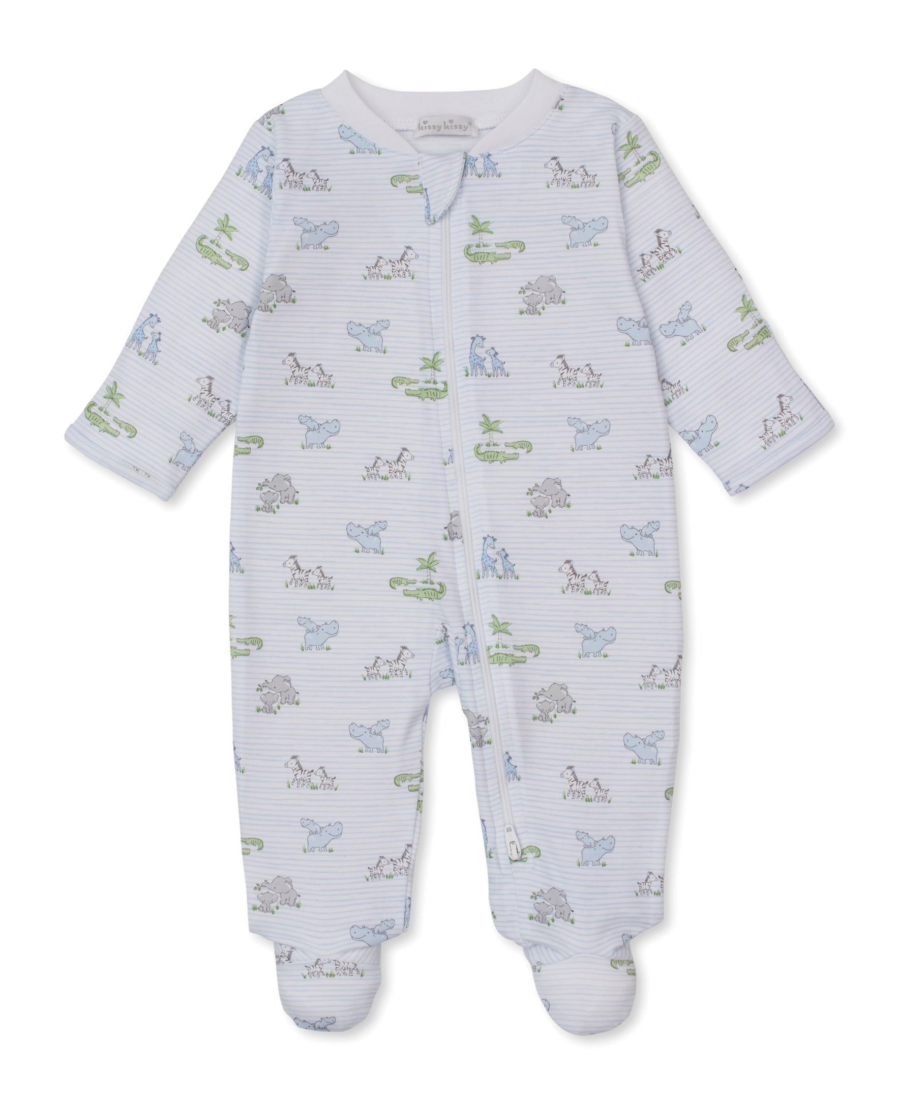 The Kissy Kissy Baby Safari Party Zip Footie features a charming blue and green animal and tree safari party print on soft white Pima cotton, designed with long sleeves and a convenient front zipper.