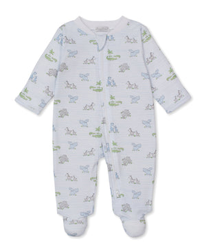 The Kissy Kissy Baby Safari Party Zip Footie features a charming blue and green animal and tree safari party print on soft white Pima cotton, designed with long sleeves and a convenient front zipper.
