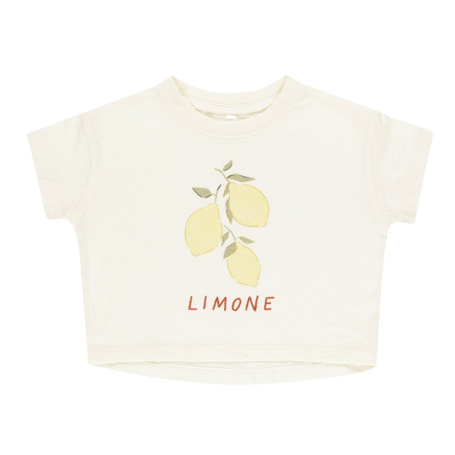 The Rylee + Cru Boxy Tee by Rylee & Cru is cream-colored with short sleeves, featuring a lemon illustration and "LIMONE" printed below. It pairs perfectly with a matching skirt or can be styled with shorts for a casual look.