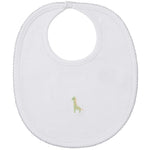The Kissy Kissy Safari Wild Hand Emb. Bib is crafted from soft Pima cotton with scalloped edges and features a small green giraffe embroidered at the center.