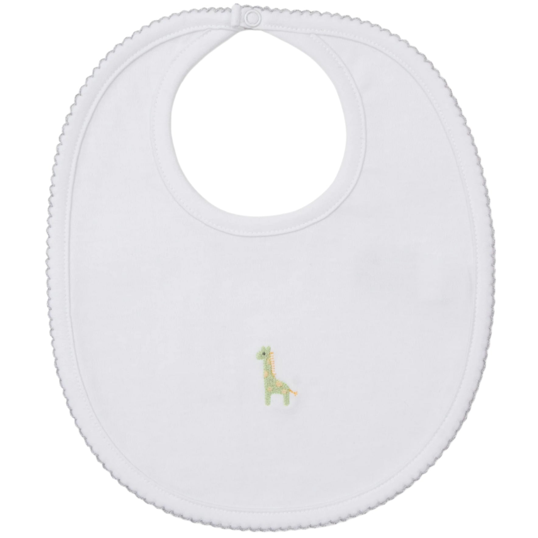 The Kissy Kissy Safari Wild Hand Emb. Bib is crafted from soft Pima cotton with scalloped edges and features a small green giraffe embroidered at the center.
