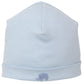 The Kissy Kissy Safari Wild Hand Emb. Striped Hat is a light blue baby hat crafted from soft Peruvian cotton, featuring subtle stripes and a small hand-embroidered elephant on the front brim.