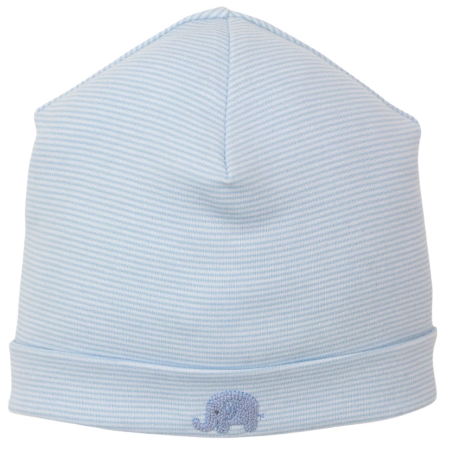 The Kissy Kissy Safari Wild Hand Emb. Striped Hat is a light blue baby hat crafted from soft Peruvian cotton, featuring subtle stripes and a small hand-embroidered elephant on the front brim.