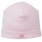 The Kissy Kissy Safari Wild Hand Emb. Striped Hat is a light pink baby hat made from soft Peruvian cotton, featuring hand embroidery of a small pink elephant on the folded brim, shown against a white background.