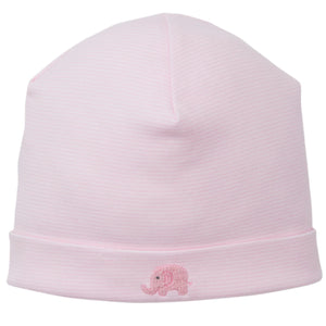 The Kissy Kissy Safari Wild Hand Emb. Striped Hat is a light pink baby hat made from soft Peruvian cotton, featuring hand embroidery of a small pink elephant on the folded brim, shown against a white background.