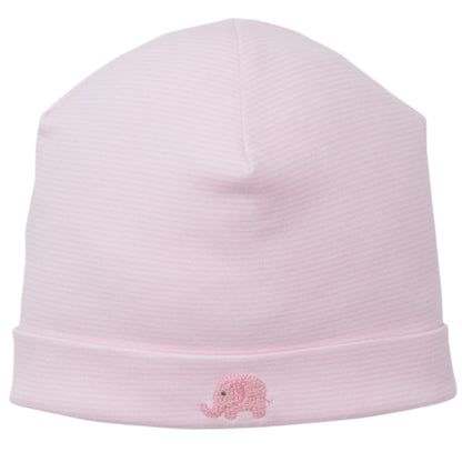 The Kissy Kissy Safari Wild Hand Emb. Striped Hat is a light pink baby hat made from soft Peruvian cotton, featuring hand embroidery of a small pink elephant on the folded brim, shown against a white background.