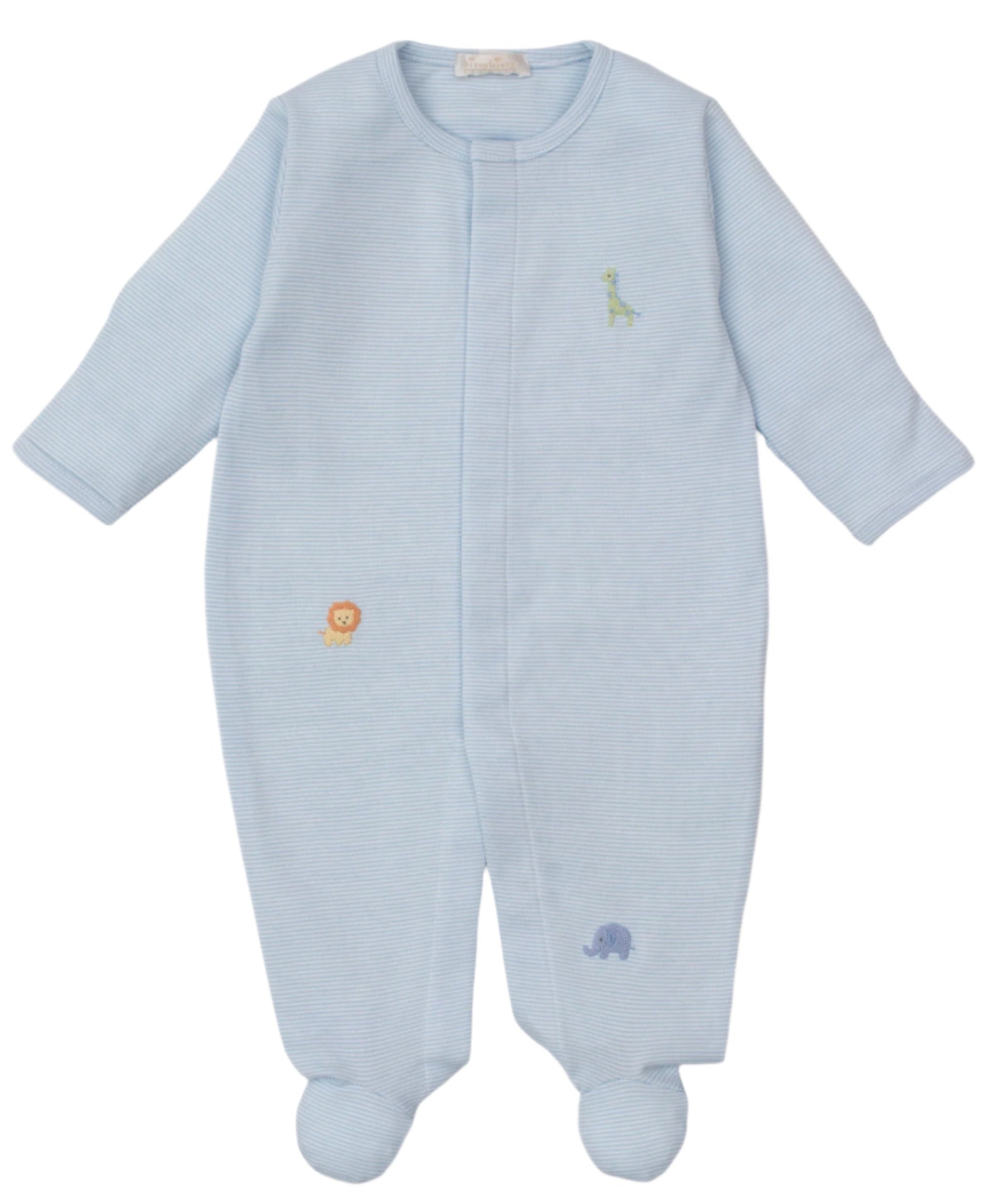 The Kissy Kissy Baby's Safari Wild Hand Emb. Striped Footie features light blue stripes, soft Pima cotton, and hand-embroidered lion, elephant, and giraffe designs—perfect for comfortable and stylish baby sleepwear.