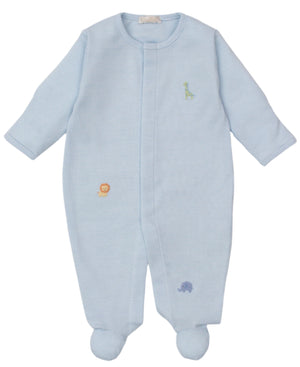 The Kissy Kissy Baby's Safari Wild Hand Emb. Striped Footie features light blue stripes, soft Pima cotton, and hand-embroidered lion, elephant, and giraffe designs—perfect for comfortable and stylish baby sleepwear.
