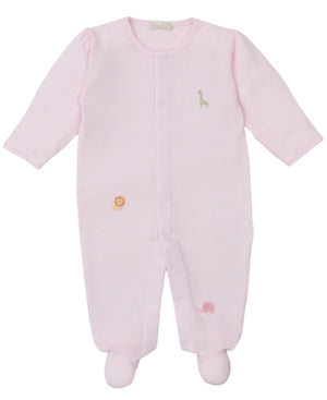The Kissy Kissy Baby' Safari Wild Hand Emb. Striped Footie features light pink stripes, long sleeves, enclosed feet, and hand-embroidered giraffe, lion, and elephant designs on soft Pima cotton.