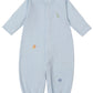 The Kissy Kissy Baby' Safari Wild Striped Hand Emb. Convertible Gown is a light blue Peruvian cotton romper with long sleeves, closed feet, and hand-embroidered giraffe, lion, and elephant designs on the front.