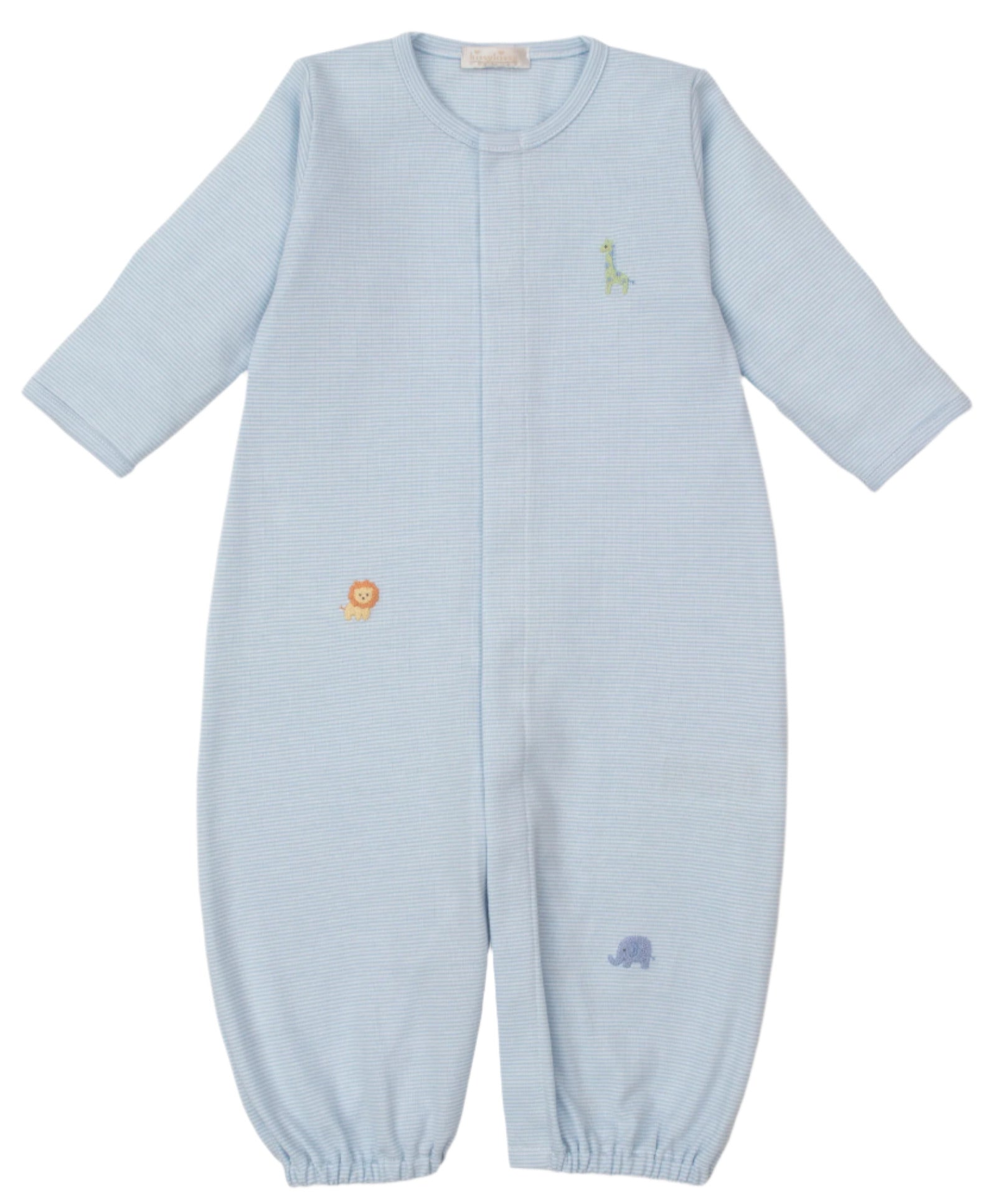 The Kissy Kissy Baby' Safari Wild Striped Hand Emb. Convertible Gown is a light blue Peruvian cotton romper with long sleeves, closed feet, and hand-embroidered giraffe, lion, and elephant designs on the front.