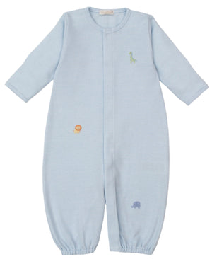 The Kissy Kissy Baby' Safari Wild Striped Hand Emb. Convertible Gown is a light blue Peruvian cotton romper with long sleeves, closed feet, and hand-embroidered giraffe, lion, and elephant designs on the front.