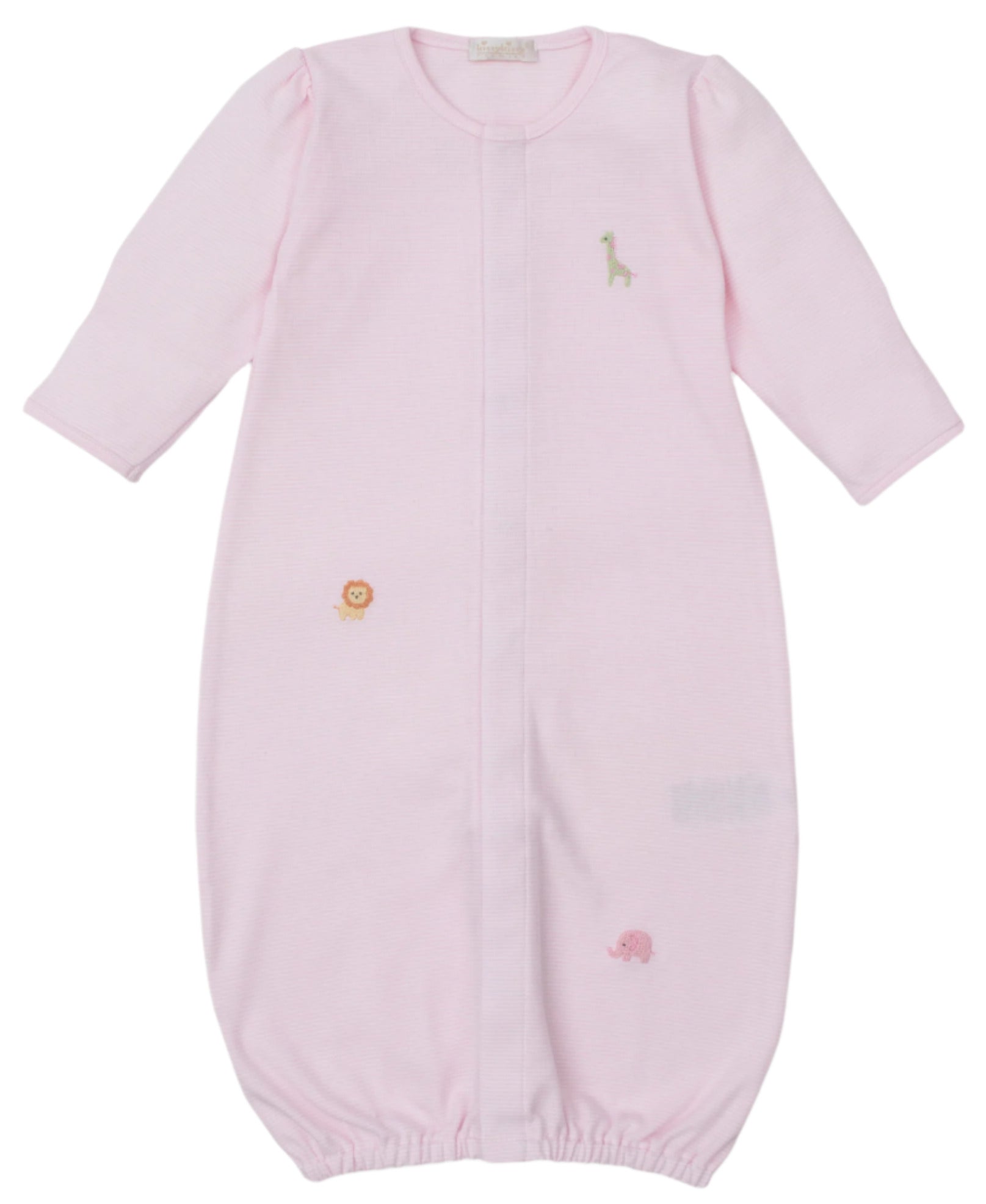 The Kissy Kissy Baby' Safari Wild Striped Hand Emb. Convertible Gown features long sleeves, an elastic bottom, and hand-embroidered safari animals. Made from soft Peruvian cotton for your baby's comfort.