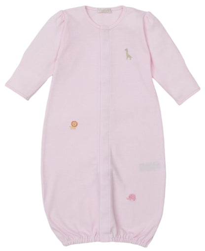 The Kissy Kissy Baby' Safari Wild Striped Hand Emb. Convertible Gown features long sleeves, an elastic bottom, and hand-embroidered safari animals. Made from soft Peruvian cotton for your baby's comfort.