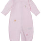 The Kissy Kissy Baby' Safari Wild Striped Hand Emb. Convertible Gown features long sleeves, elasticized cuffs and ankles, soft Peruvian cotton, and hand-embroidered giraffe, lion, and elephant motifs on the front.