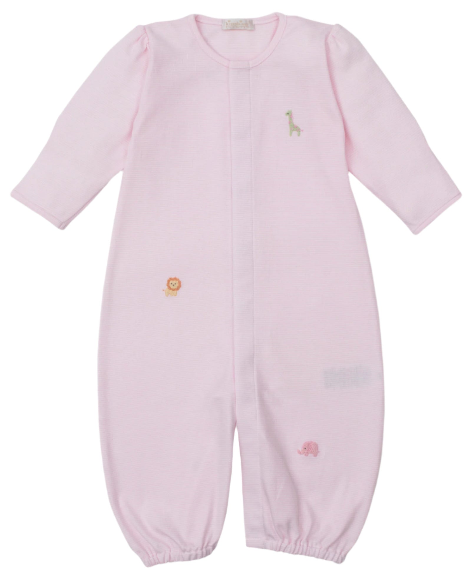 The Kissy Kissy Baby' Safari Wild Striped Hand Emb. Convertible Gown features long sleeves, elasticized cuffs and ankles, soft Peruvian cotton, and hand-embroidered giraffe, lion, and elephant motifs on the front.