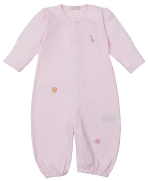 The Kissy Kissy Baby' Safari Wild Striped Hand Emb. Convertible Gown features long sleeves, elasticized cuffs and ankles, soft Peruvian cotton, and hand-embroidered giraffe, lion, and elephant motifs on the front.