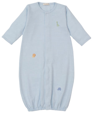 The Kissy Kissy Baby's Safari Wild Striped Hand Emb. Convertible Gown features long sleeves, an elastic hem, and cute embroidered safari animals—perfect for keeping your baby cozy.