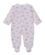 The Kissy Kissy Baby Safari Party Zip Footie features pink and white stripes, a convenient zipper front, and ultra-soft Pima cotton construction, accented with charming safari party footies displaying elephants, giraffes, and hippos.