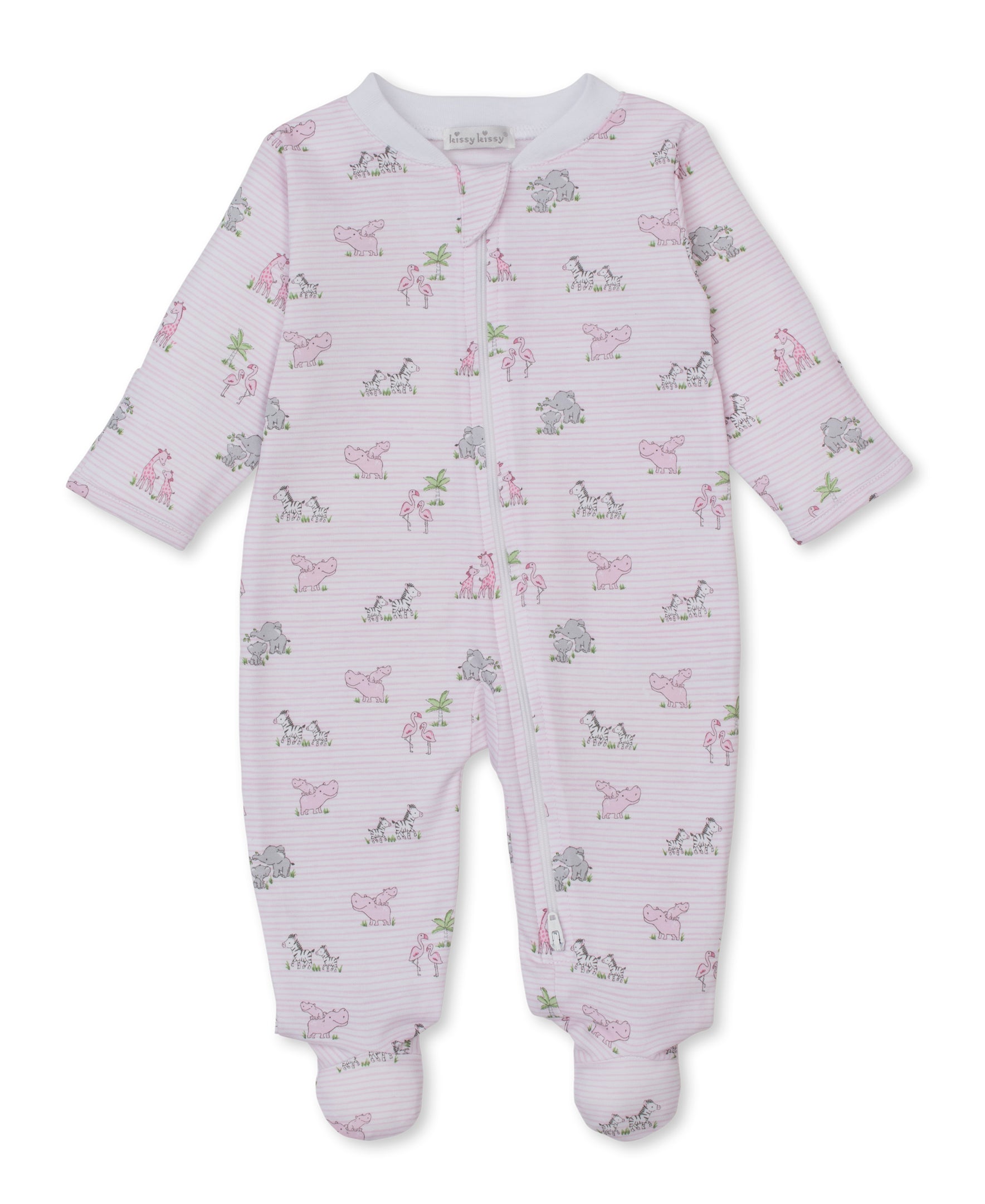 The Kissy Kissy Baby Safari Party Zip Footie features pink and white stripes, a convenient zipper front, and ultra-soft Pima cotton construction, accented with charming safari party footies displaying elephants, giraffes, and hippos.