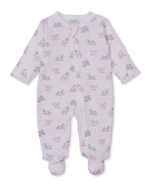 The Kissy Kissy Baby Safari Party Zip Footie features pink and white stripes, a convenient zipper front, and ultra-soft Pima cotton construction, accented with charming safari party footies displaying elephants, giraffes, and hippos.
