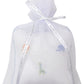 The Kissy Kissy Safari Wild Musical Pillow features embroidered animals and blue trim on soft white Pima cotton, packaged in a sheer tulle gift bag—a charming baby gift.