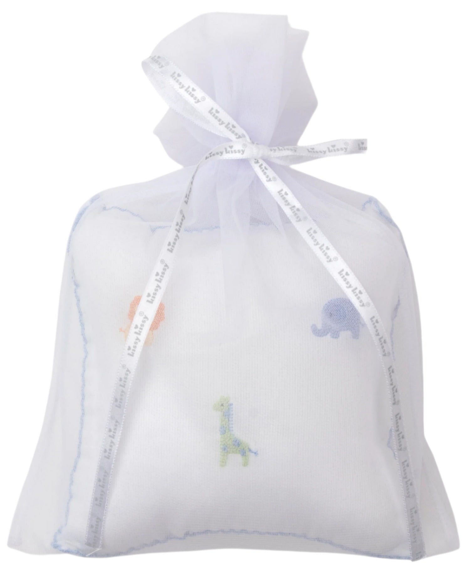The Kissy Kissy Safari Wild Musical Pillow features embroidered animals and blue trim on soft white Pima cotton, packaged in a sheer tulle gift bag—a charming baby gift.