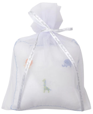 The Kissy Kissy Safari Wild Musical Pillow features embroidered animals and blue trim on soft white Pima cotton, packaged in a sheer tulle gift bag—a charming baby gift.
