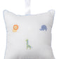 The Kissy Kissy Safari Wild Musical Pillow with Tulle Bag features white Pima cotton, blue trim, embroidered lion, elephant, giraffe images, and a hanging loop—making it a charming baby gift.