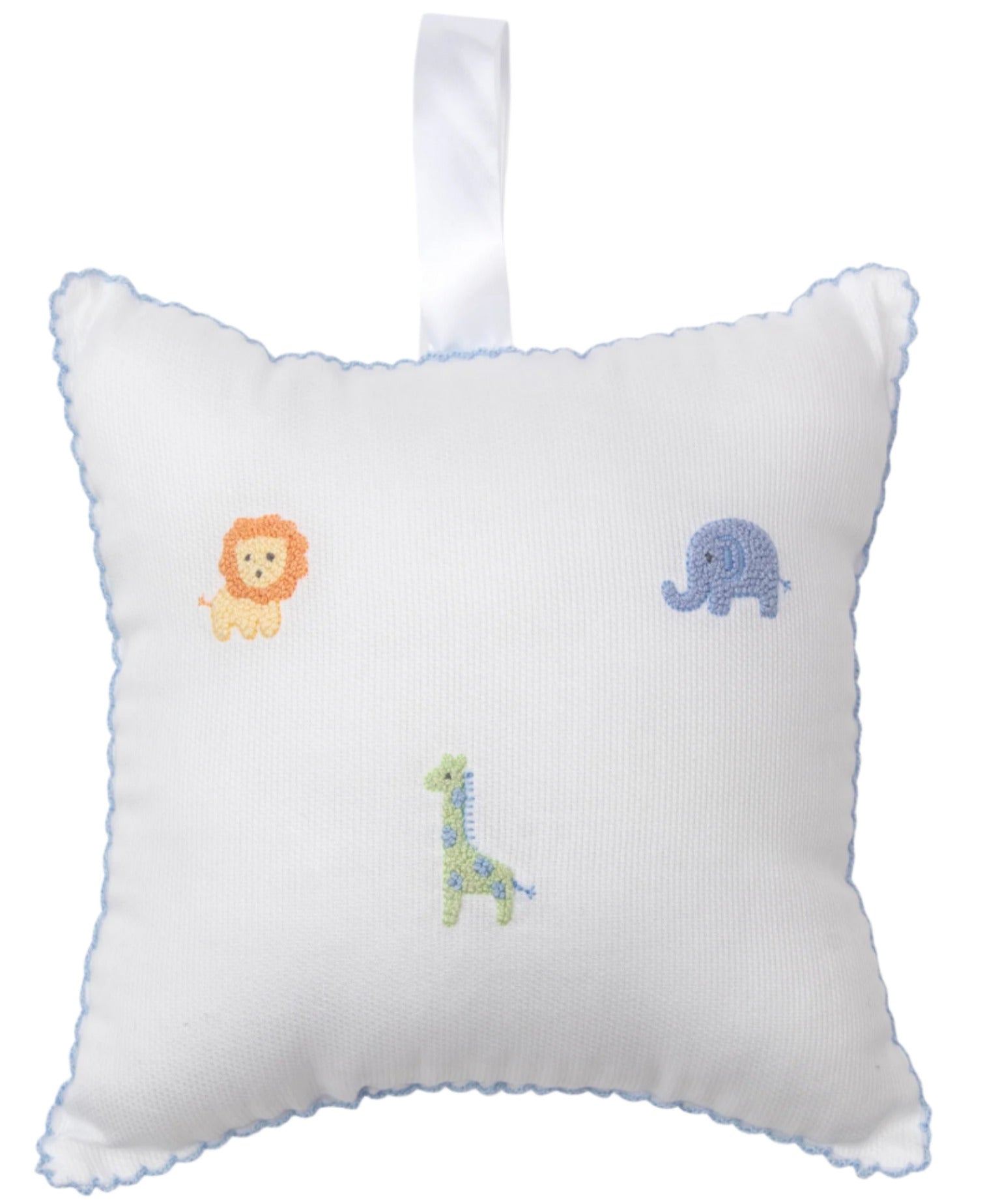 The Kissy Kissy Safari Wild Musical Pillow with Tulle Bag features white Pima cotton, blue trim, embroidered lion, elephant, giraffe images, and a hanging loop—making it a charming baby gift.