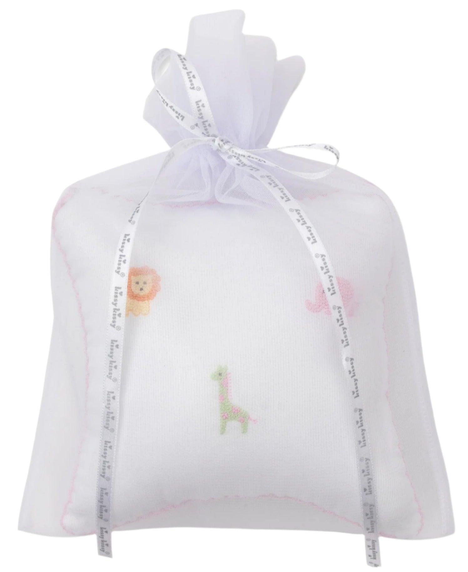 The Kissy Kissy Safari Wild Musical Pillow comes in a white tulle gift bag adorned with embroidered safari animals—lion, giraffe, and elephant—making it a charming present for baby essentials.