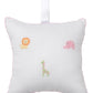 The Kissy Kissy Safari Wild Musical Pillow with Tulle Bag features white Pima cotton, pink trim, embroidered safari animals, and a hanging loop—a delightful baby gift.