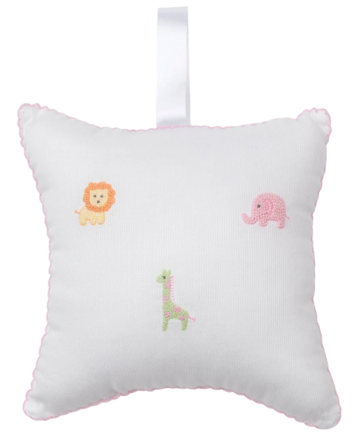 The Kissy Kissy Safari Wild Musical Pillow with Tulle Bag features white Pima cotton, pink trim, embroidered safari animals, and a hanging loop—a delightful baby gift.