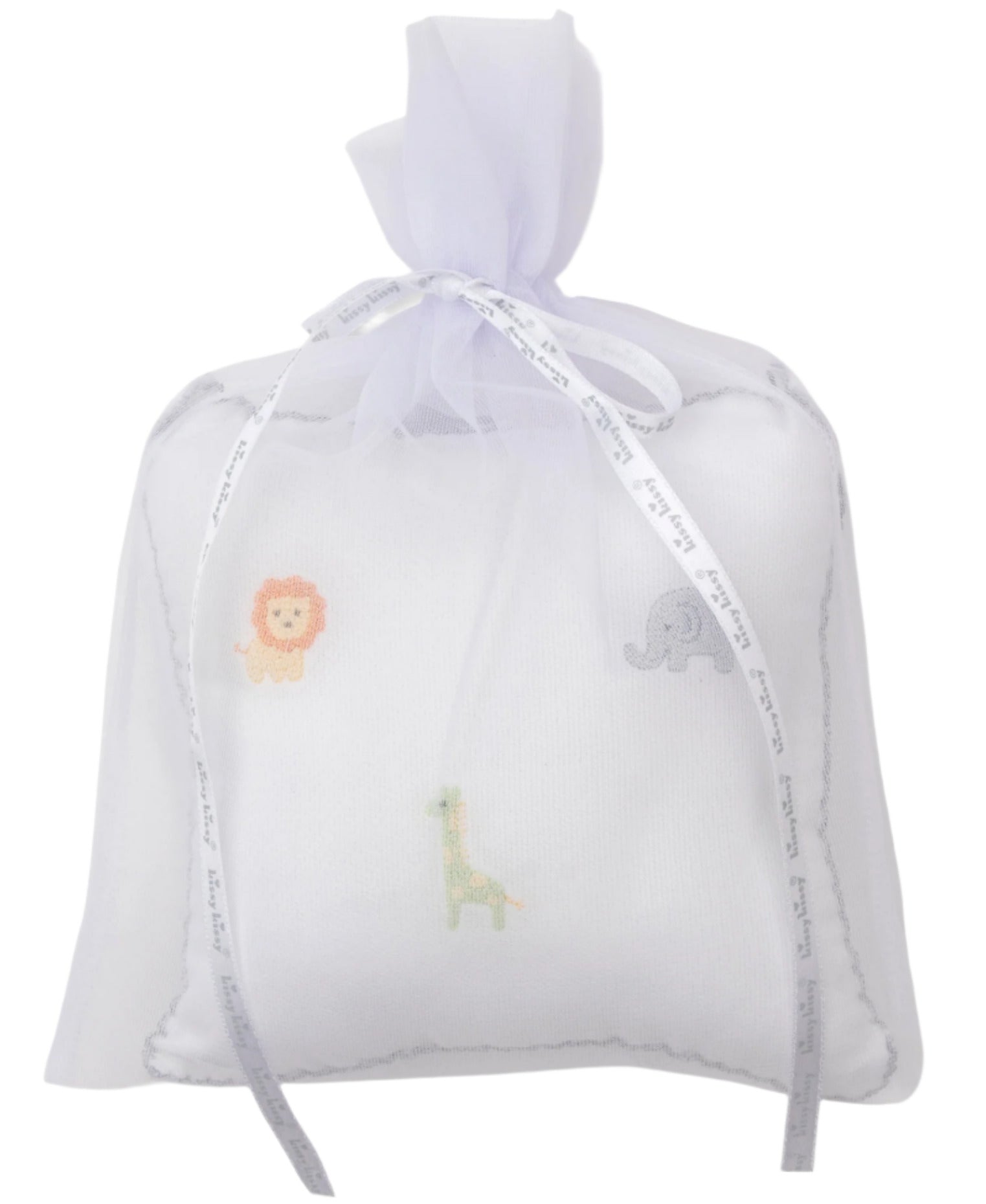 The Kissy Kissy Safari Wild Musical Pillow comes in a white tulle drawstring bag, decorated with embroidered lion, giraffe, and elephant—an adorable baby gift.