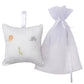 The Kissy Kissy Safari Wild Musical Pillow, made from soft Pima cotton and embroidered with a lion, elephant, and giraffe, comes with a sheer white tulle bag—an adorable baby gift.