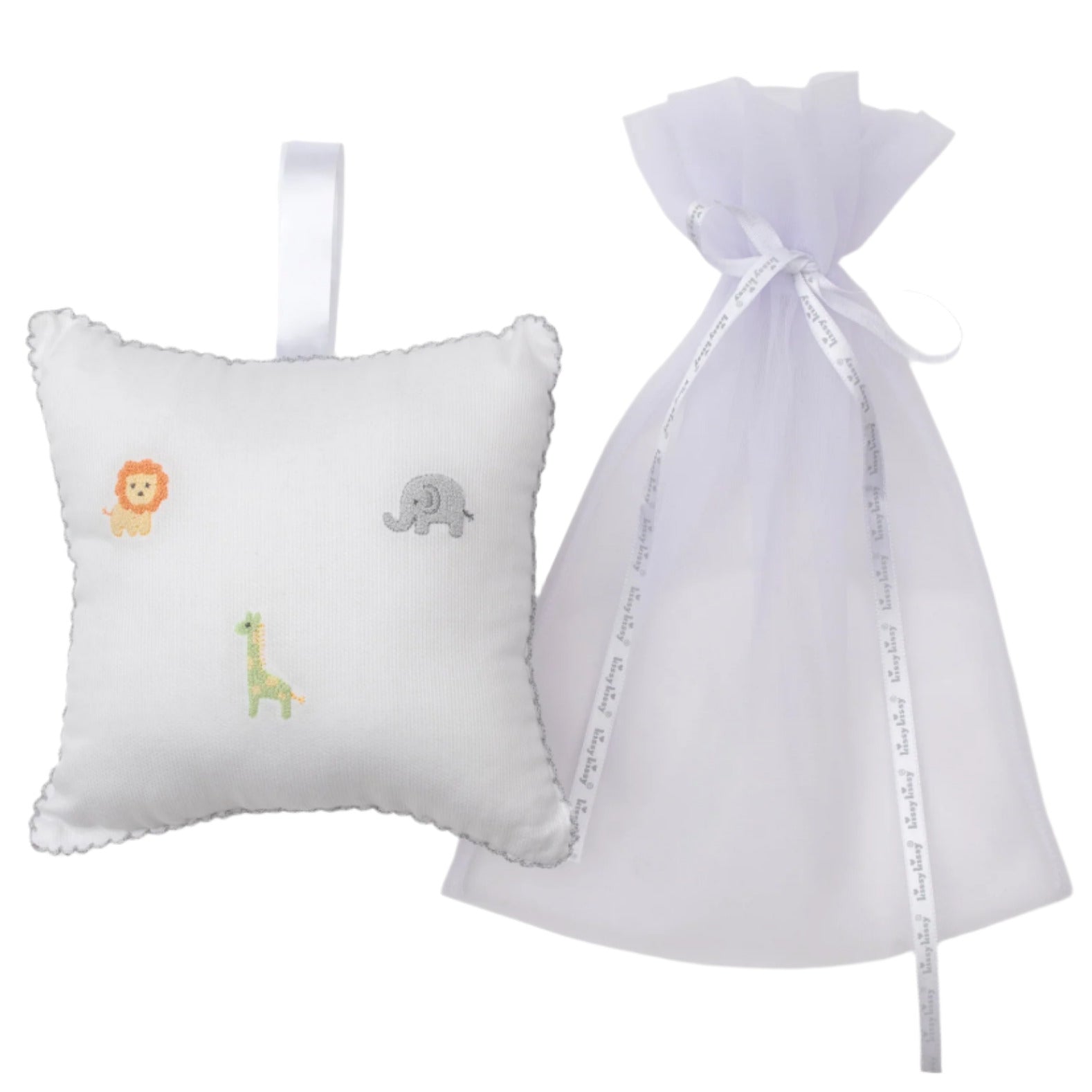 The Kissy Kissy Safari Wild Musical Pillow, made from soft Pima cotton and embroidered with a lion, elephant, and giraffe, comes with a sheer white tulle bag—an adorable baby gift.